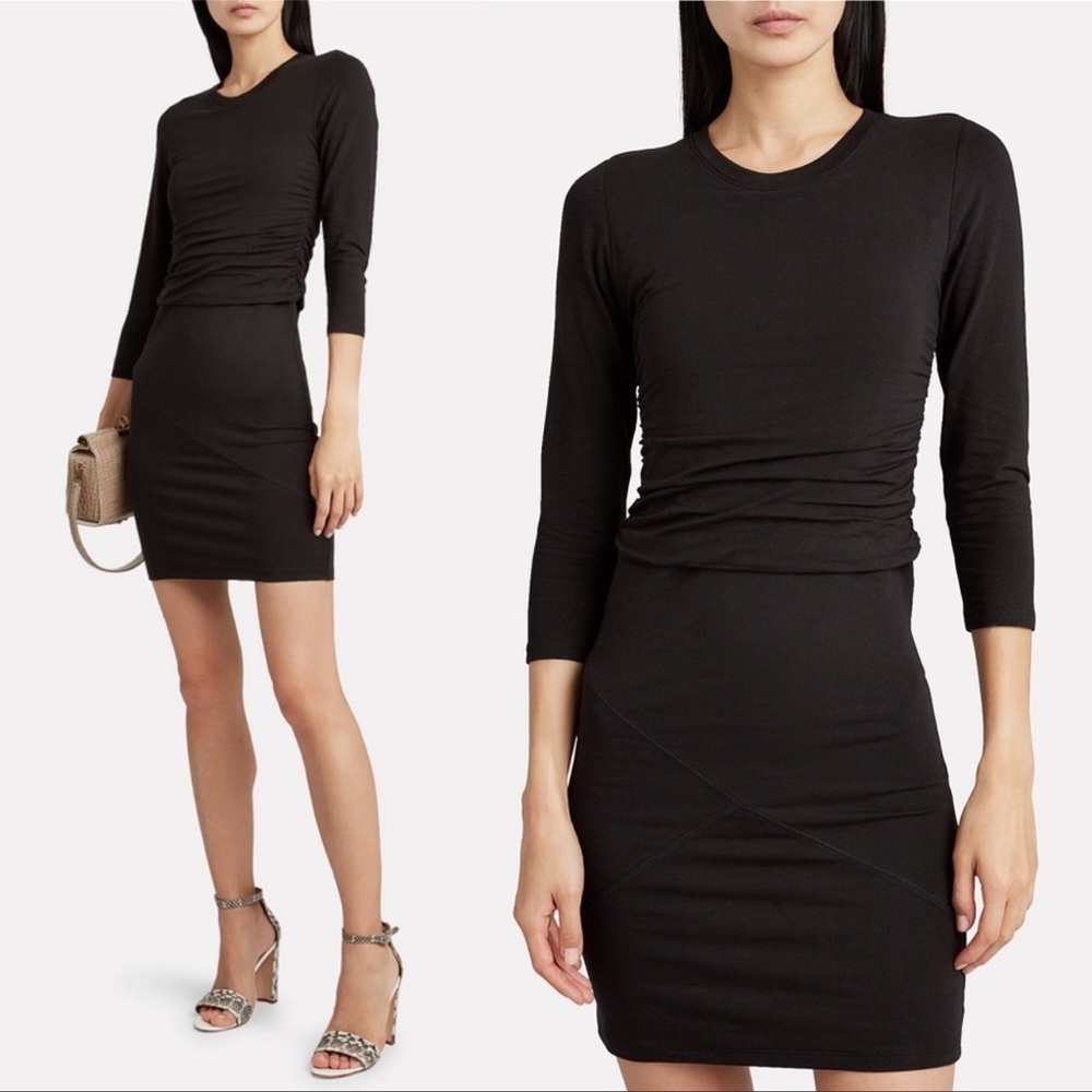 ATM Ruched Pima Cotton Black Dress